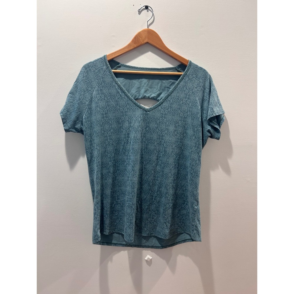 Kuhl V-Neck Top Women XL Blue Geometric Print Keyhole Back Short Sleeve
